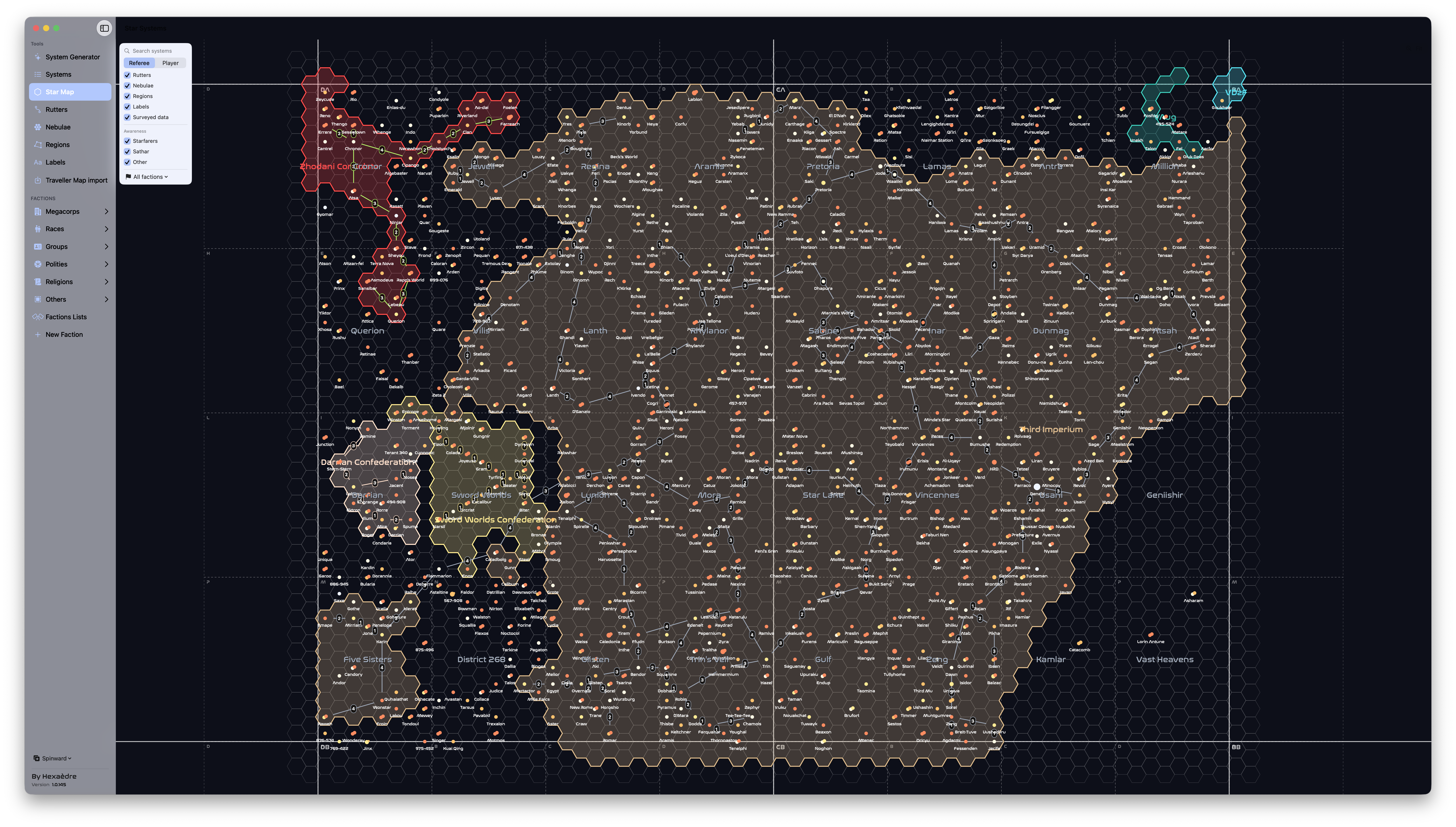 Two sectors of the TravellerMao rendered in my own Star Systems app.